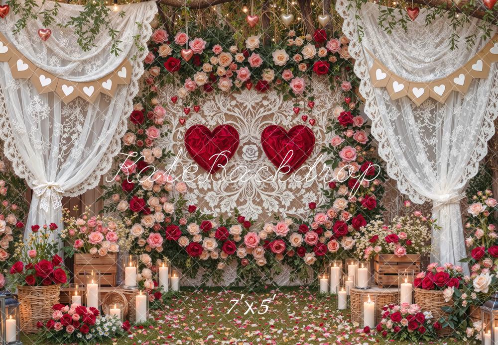 Kate Valentine's Day Lace Curtains Flower Branch Arch Heart Printed Backdrop Designed by Mini MakeBelieve