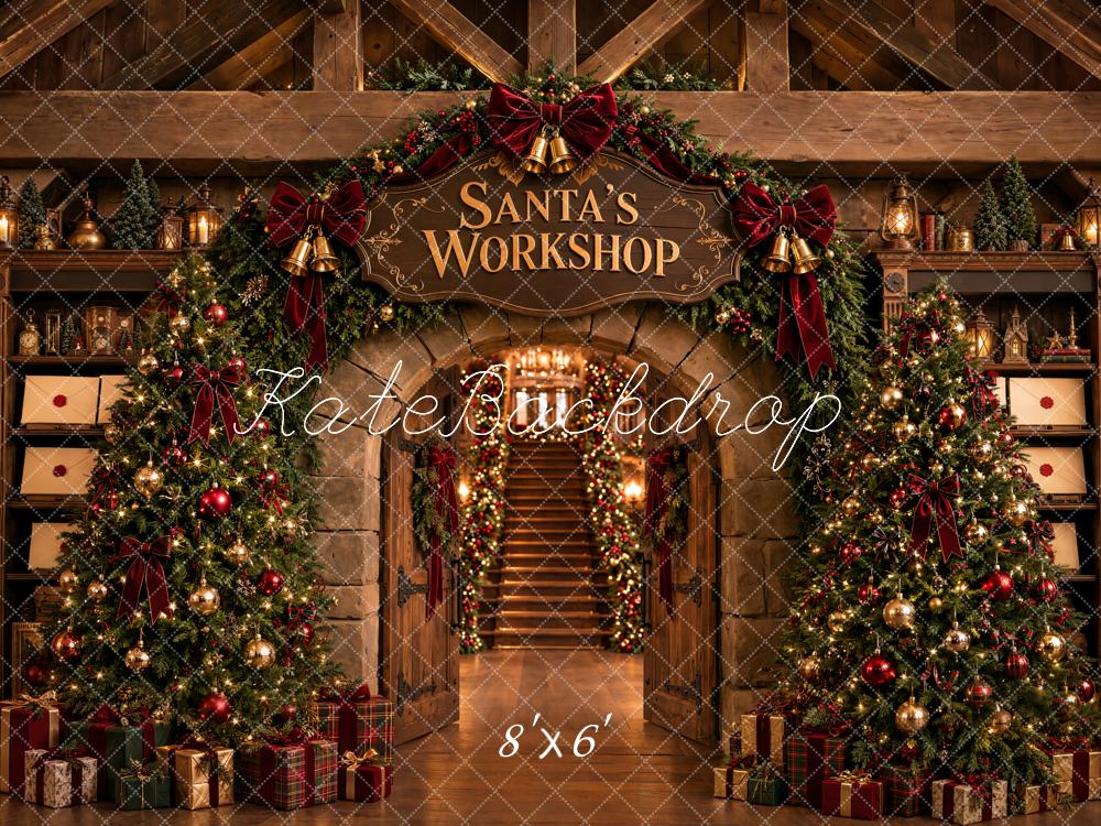 Kate Christmas Santa's Workshop Trees Staircase Gift Printed Backdrop Designed by Emetselch