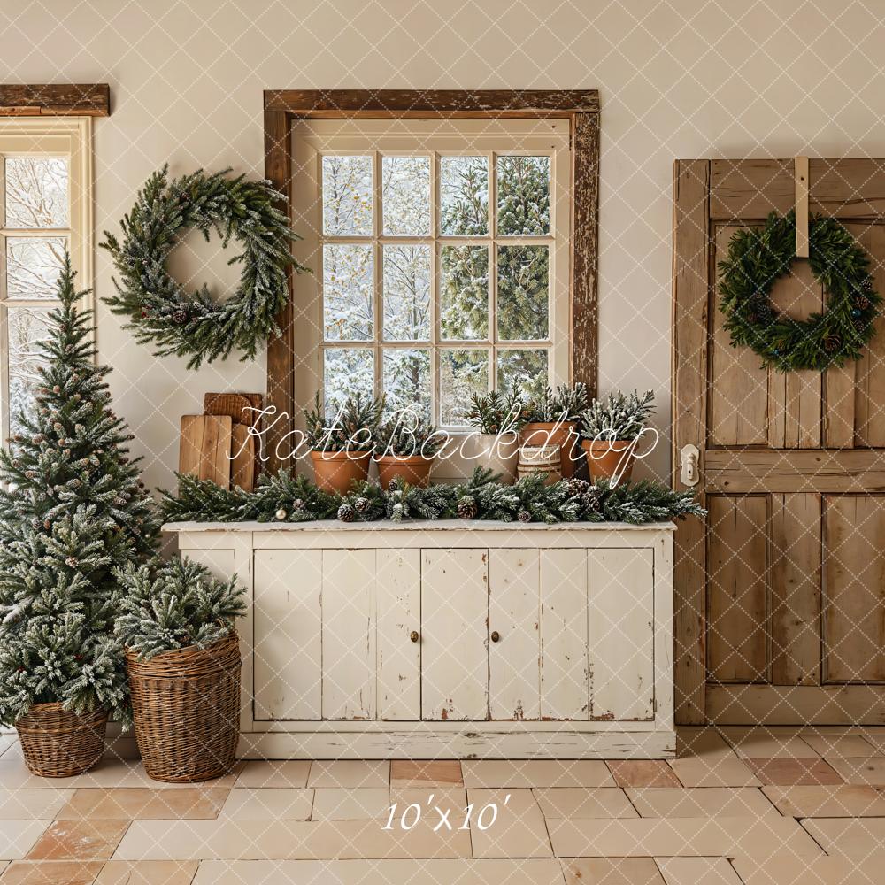 Kate Christmas Neutral Pine Tree Wreath Vintage Door Cabinet Backdrop Designed by Emetselch