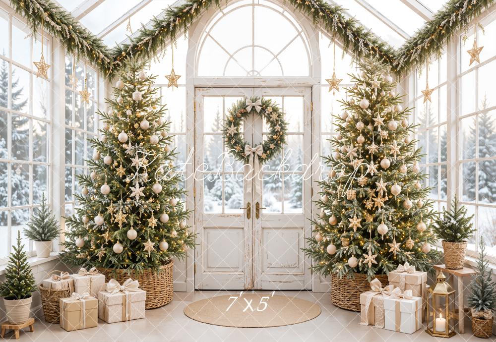 Kate Christmas Greenhouse Gold Star Trees Wreath Presents Printed Backdrop Designed by Emetselch