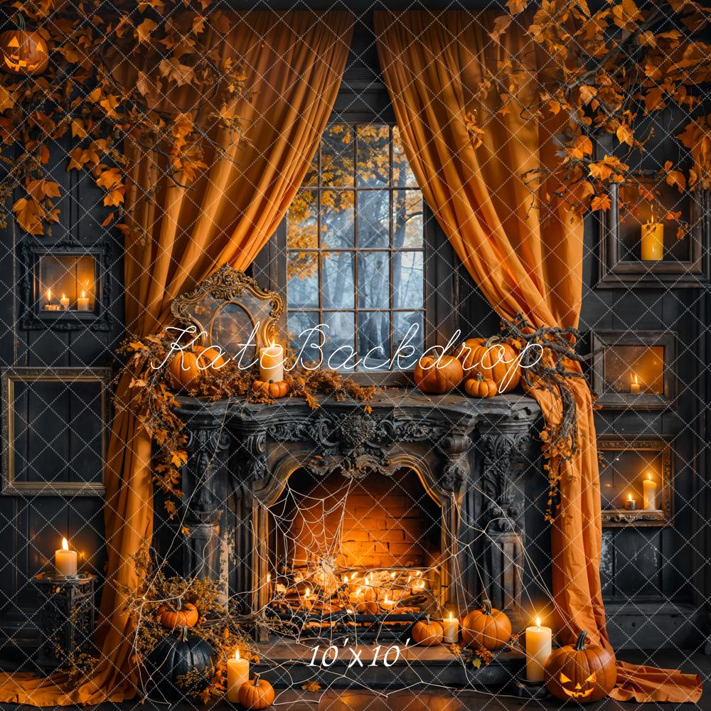 Kate Halloween Pumpkin Orange Curtain Black Fireplace Backdrop Designed by Emetselch