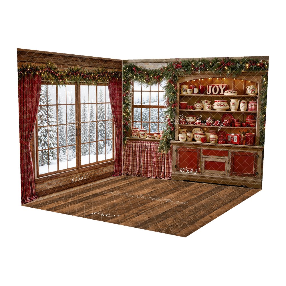Kate Christmas Kitchen Cabinet Window Red Plaid Garland Printed Backdrop Room Set