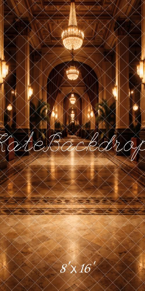 Kate Sweep Grand Hallway Chandeliers Marble Floor Printed Backdrop Designed by Vertigo Productions