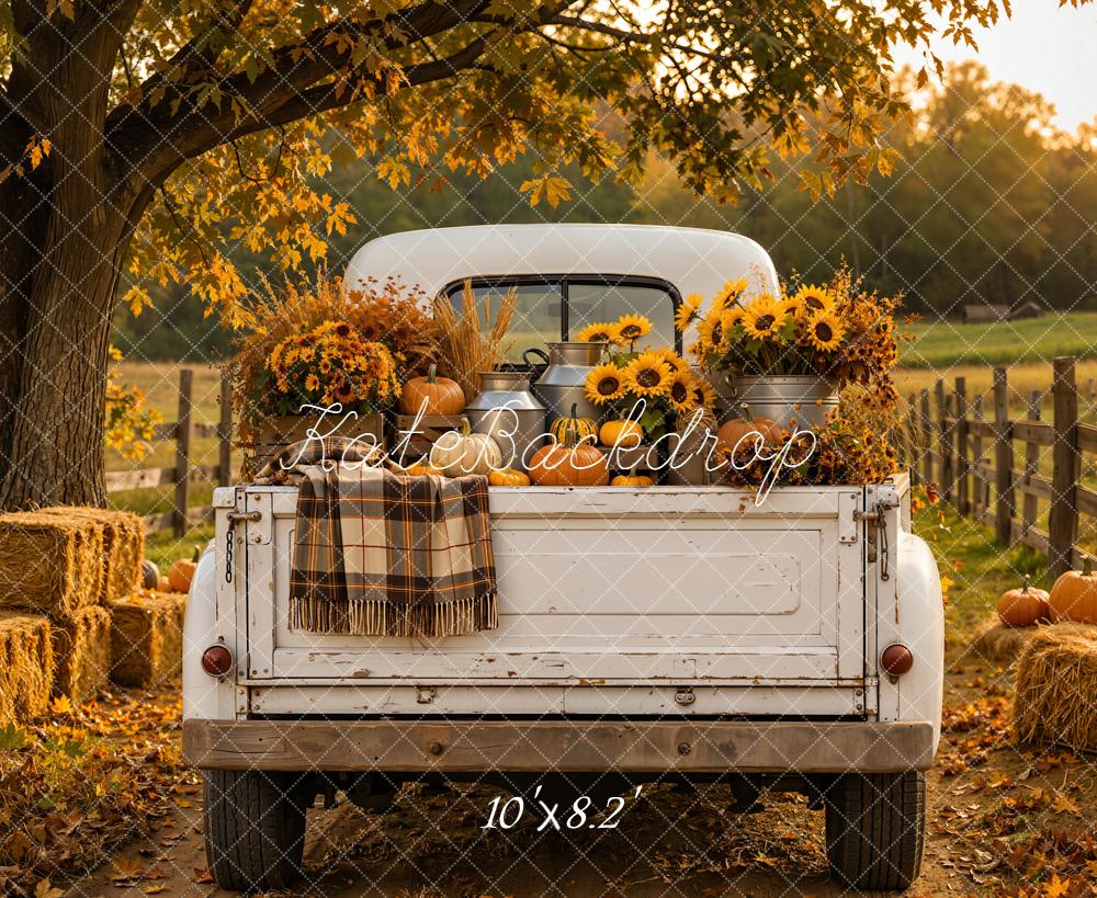 Kate Fall White Truck Rustic Sunflowers Pumpkins Hay Bales Printed Backdrop Designed by Emetselch