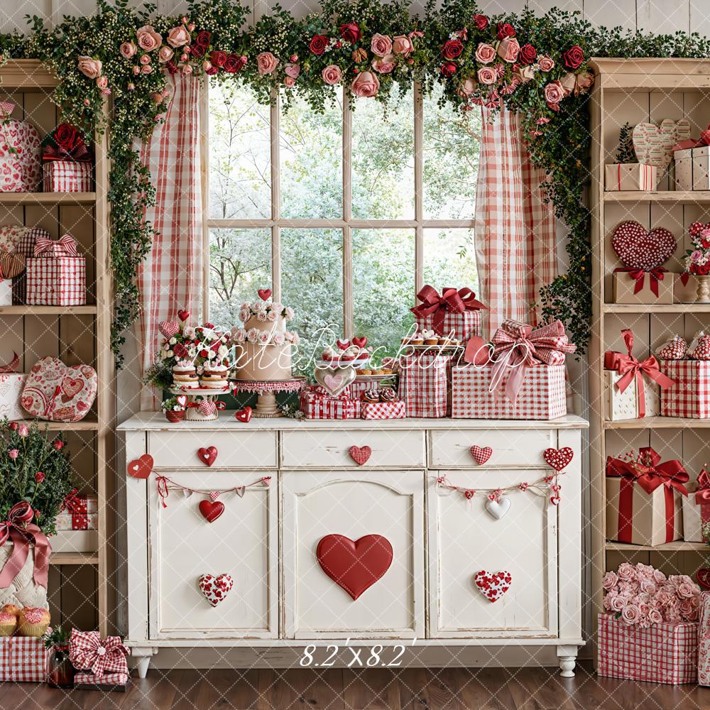 Kate Valentines Cabinet Gifts Roses Garland Window Red Heart Backdrop Designed by Emetselch