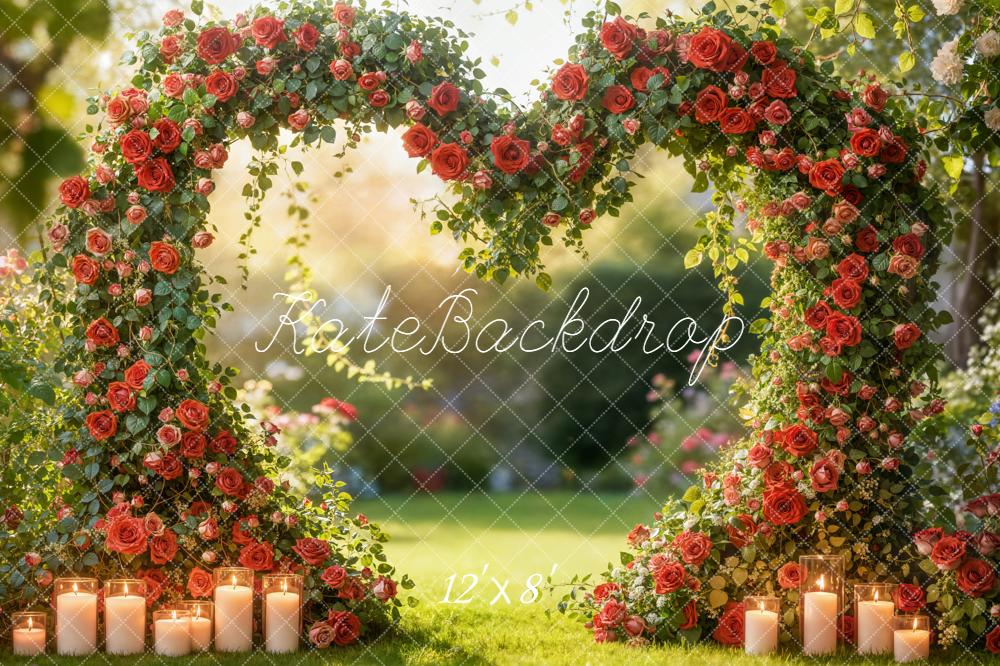 Kate Valentines Flower Arch Heart Shape Red Roses Candles Garden Backdrop Designed by Emetselch