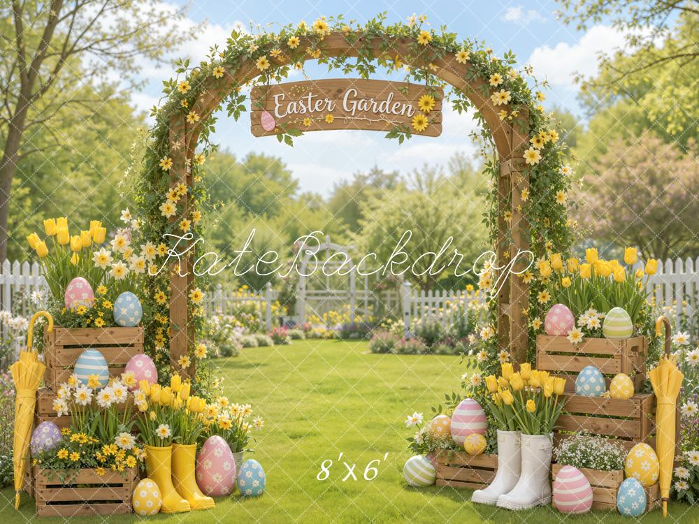 Kate Easter Garden Flower Arch Eggs Rain Boots Tulips Printed Backdrop Designed by Emetselch