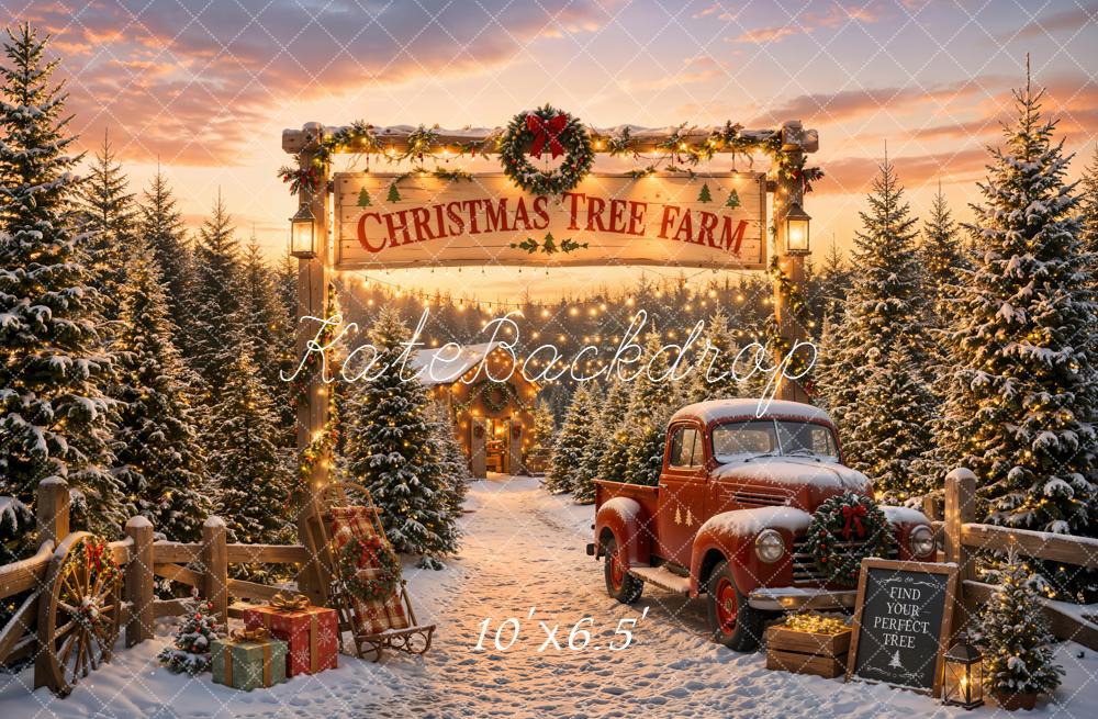 TEST Kate Christmas Tree Farm Red Truck Snowy Pine Trees Printed Backdrop Designed by Emetselch