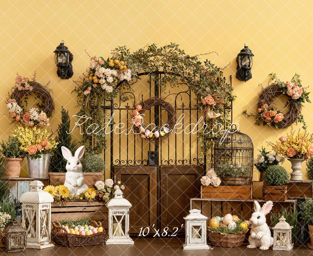 Kate Easter Bunny Floral Wreaths Garden Gate Yellow Wall Printed Backdrop Designed by Emetselch