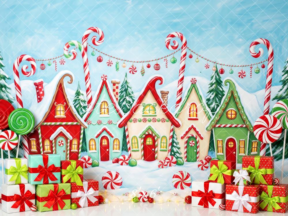 Kate Christmas Whimstical Candy Village Gingerbread Houses Presents Lollipops Printed Backdrop Designed by Patty Roberts