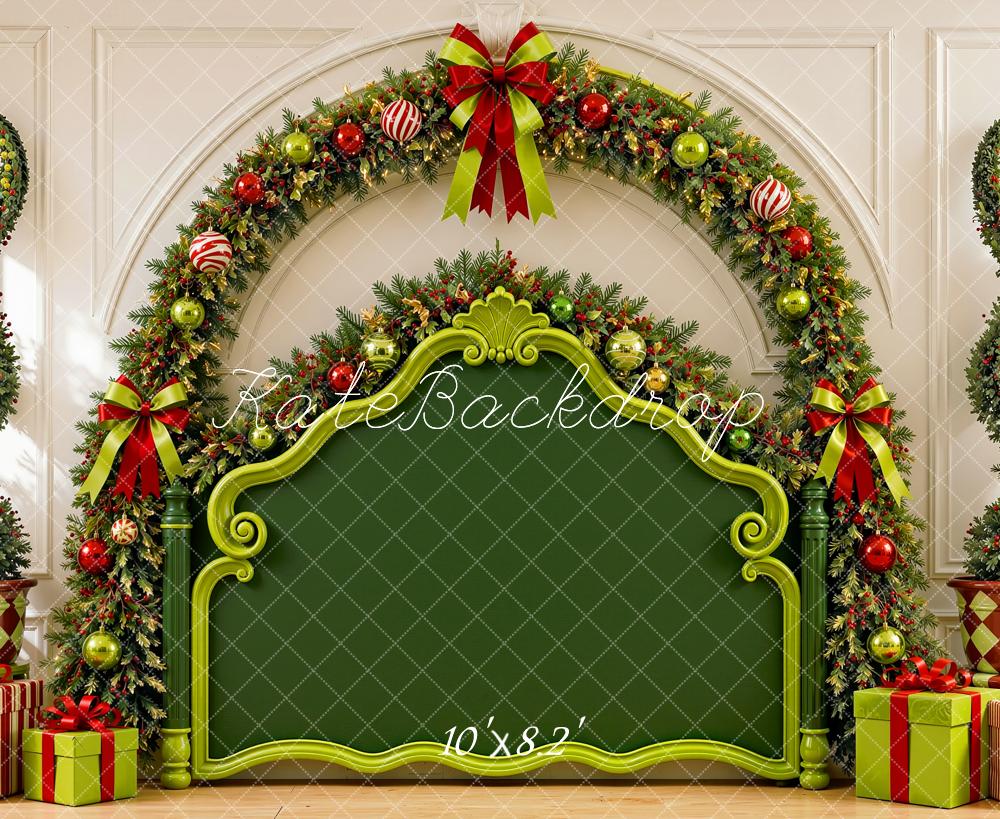 Kate Christmas Headboard Elf Green Garland Presents Printed Backdrop Designed by Shutter Swan Studios