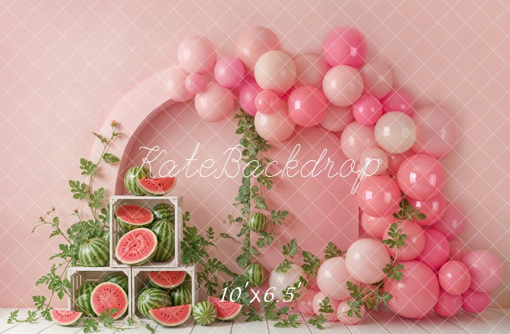 Kate Cake Smash Pink Balloon Arch Watermelon Crate Printed Backdrop Designed by Emetselch