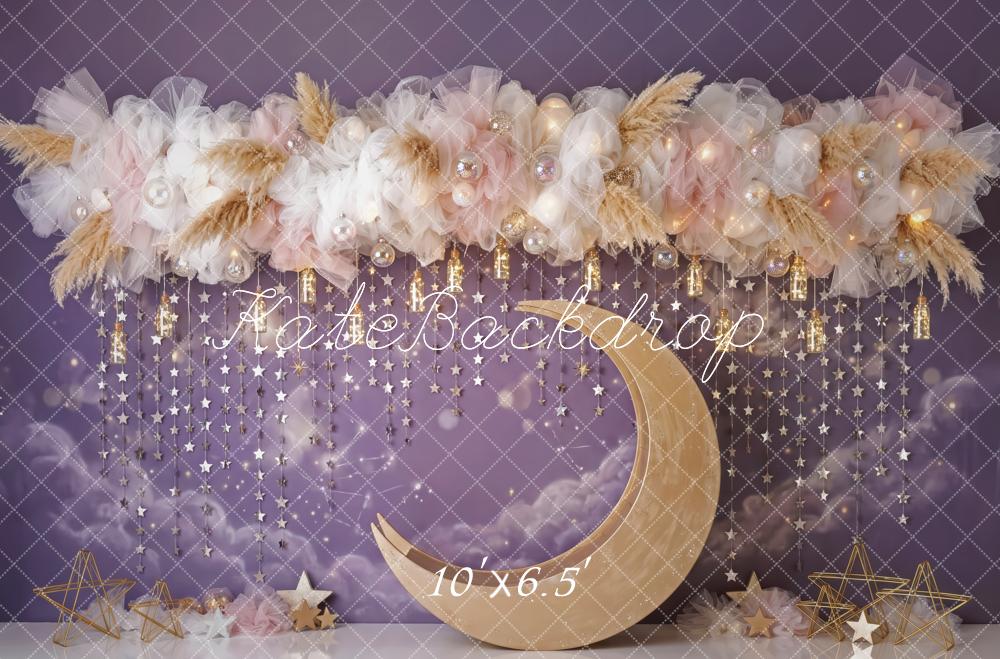 Kate Birthday Purple Celestial Crescent Moon Floral Arch Printed Backdrop Designed by Patty Roberts