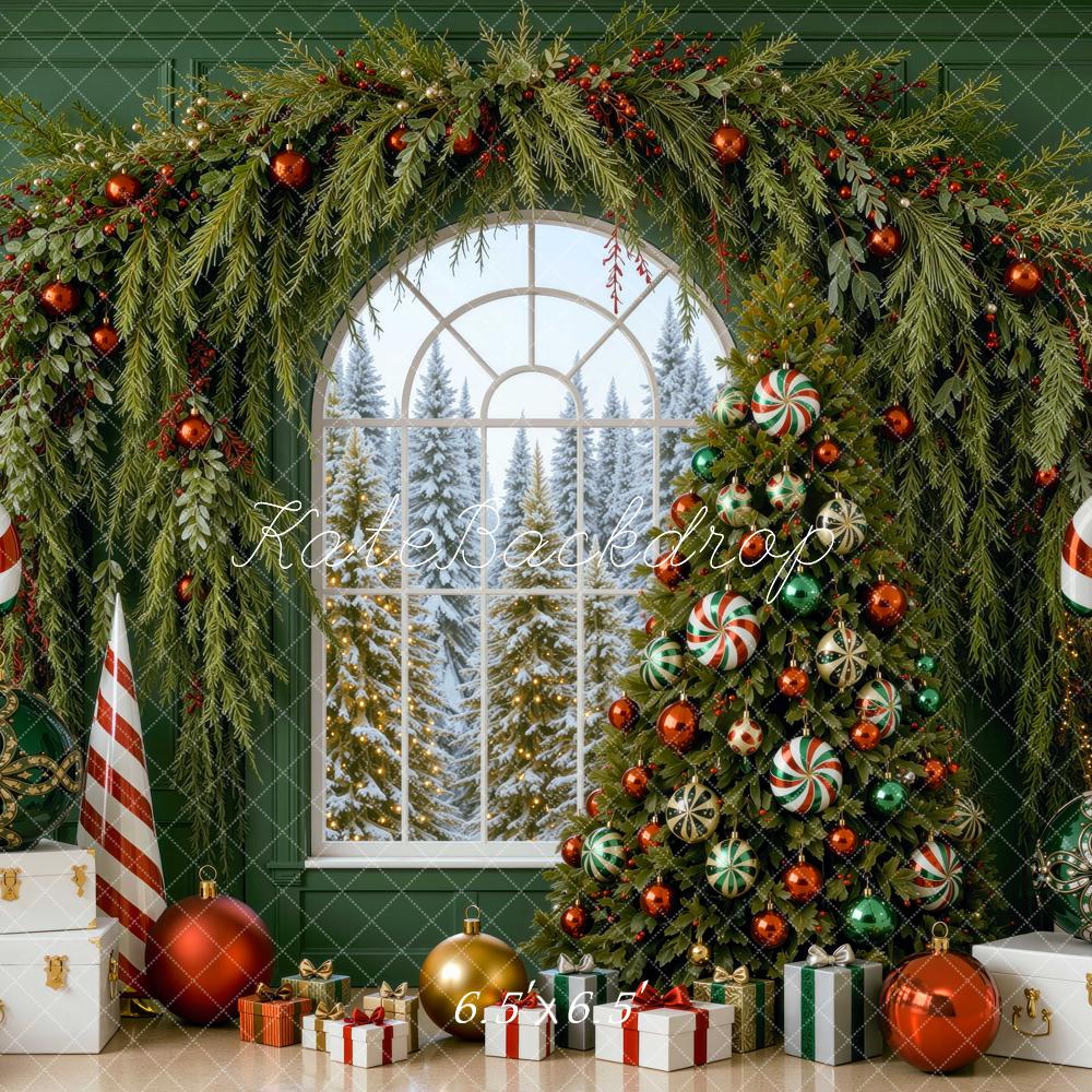Kate Christmas Tree Garland Arch Candy Canes Green Wall Printed Backdrop Designed by Mini MakeBelieve