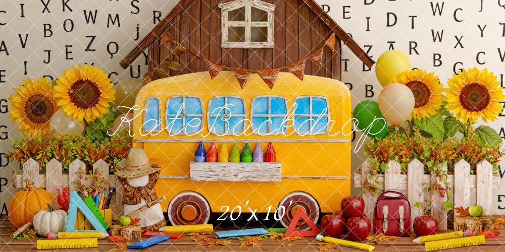 Kate Back to School Yellow Bus Sunflowers Alphabet Barn Printed Backdrop Designed by Emetselch