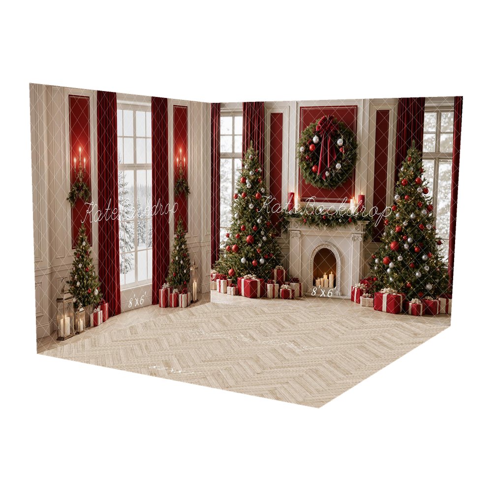 Kate Christmas Trees Vintage Red Curtains Bow Fireplace Wreath Gifts Printed Backdrop Room Set