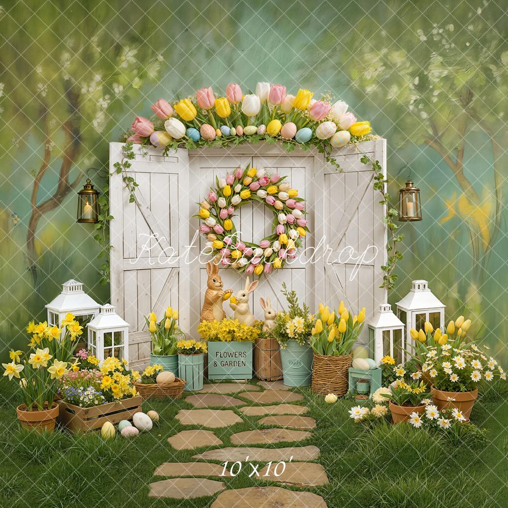 Kate Easter Bunny Tulip Wreath Garden Door Printed Backdrop Designed by Chain Photography