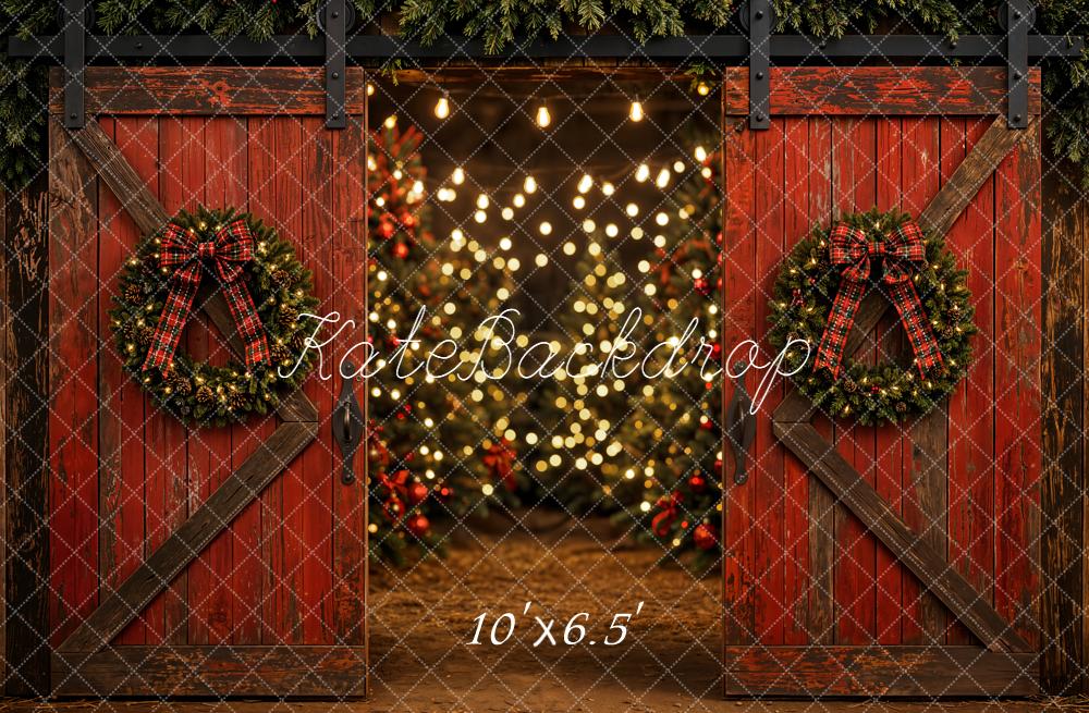 Kate Christmas Red Barn Doors Wreath Bokeh Lights Printed Backdrop Designed by Emetselch