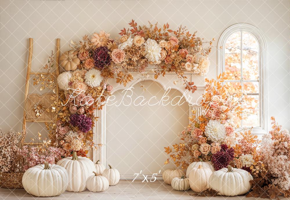 Kate Fall Flower Arch White Pumpkins Ladder Window Backdrop Designed by Emetselch