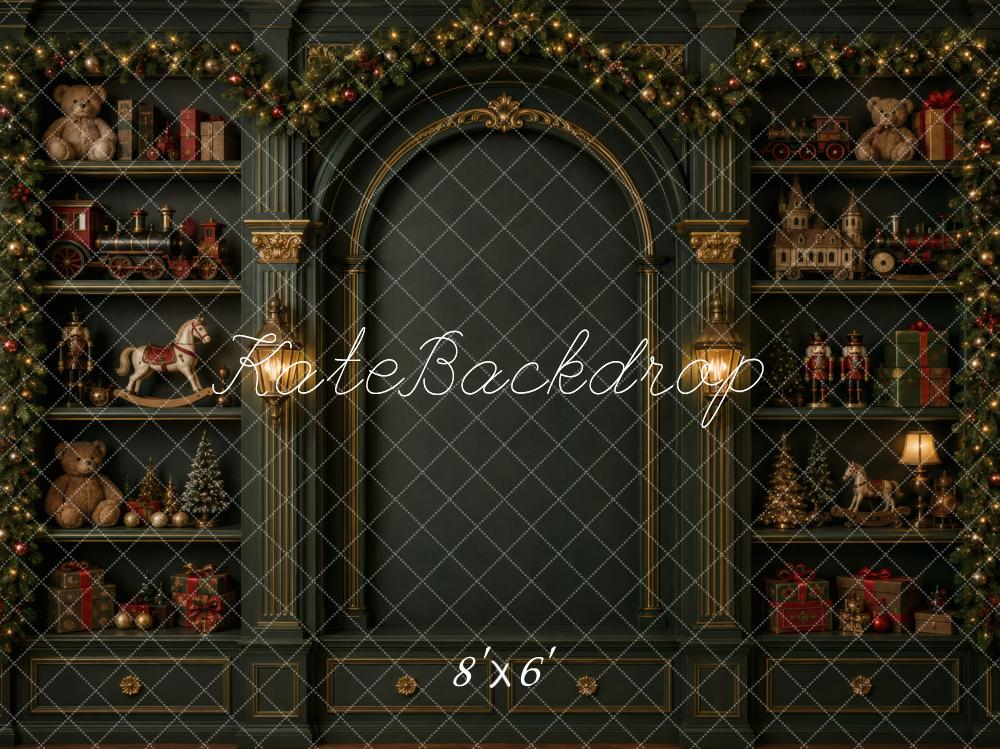 Kate Christmas Green Arch Garland Toy Shelves Printed Backdrop Designed by Vertigo Productions