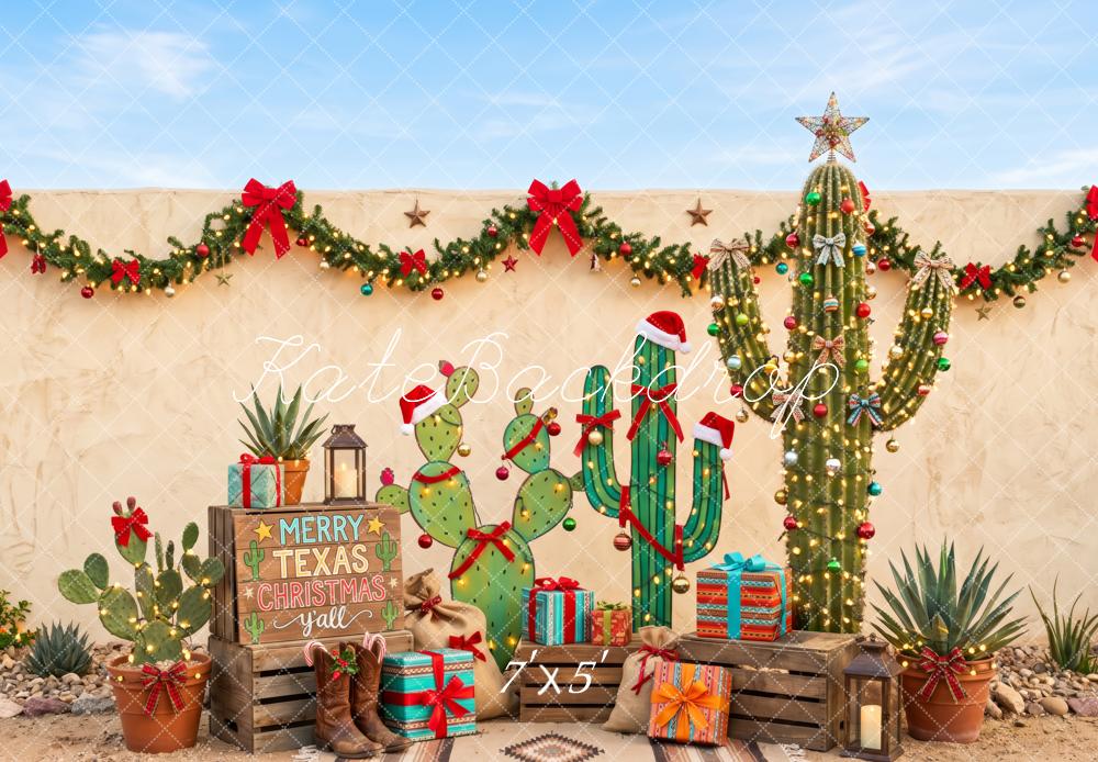 Kate Christmas Western Texas Cactus Garland Presents Printed Backdrop Designed by Patty Roberts