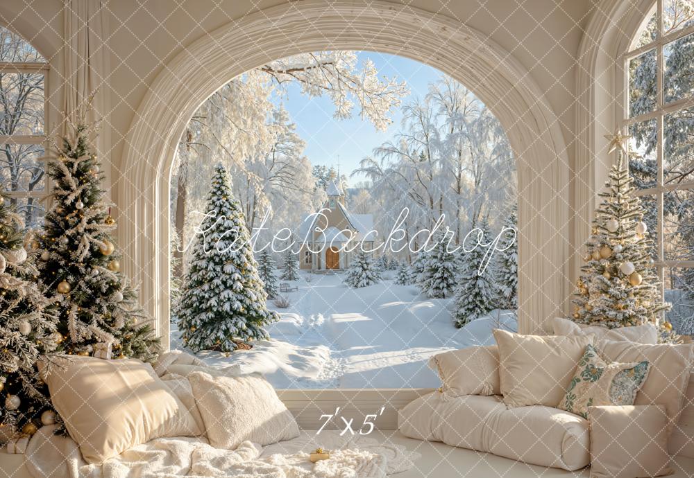 Aperturee Beige Room Window Snowy Christmas Room Set Backdrop
