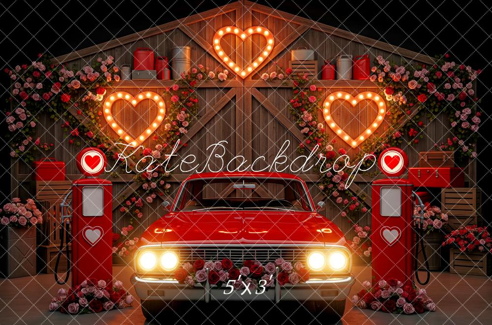 Kate Valentine's Day Red Car Heart Gas Pump Barn Roses Backdrop Designed by Patty Roberts