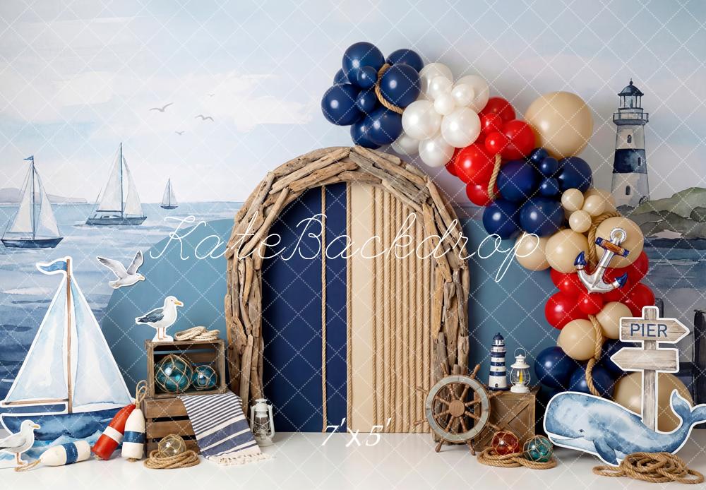 Kate Cake Smash Nautical Sailboats Lighthouse Driftwood Arch Balloons Printed Backdrop Designed by Patty Roberts