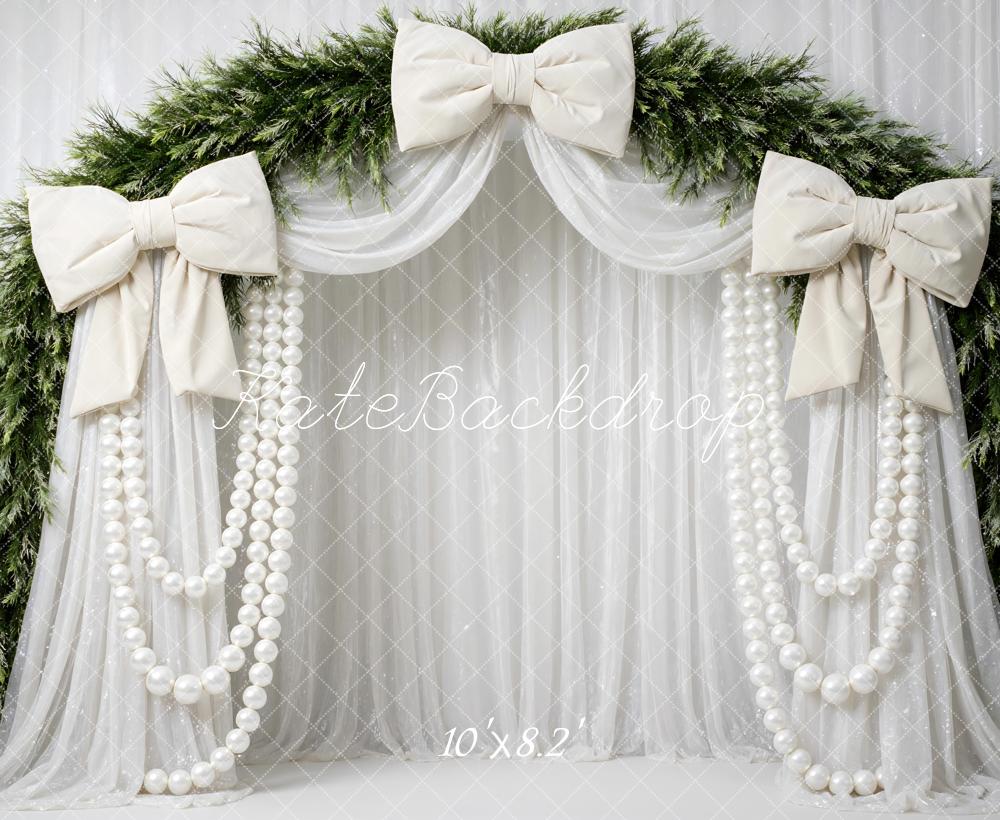Kate Christmas Bows Pearls Garland Flower Arch Greenery Drapes Printed Backdrop Designed by Mini MakeBelieve