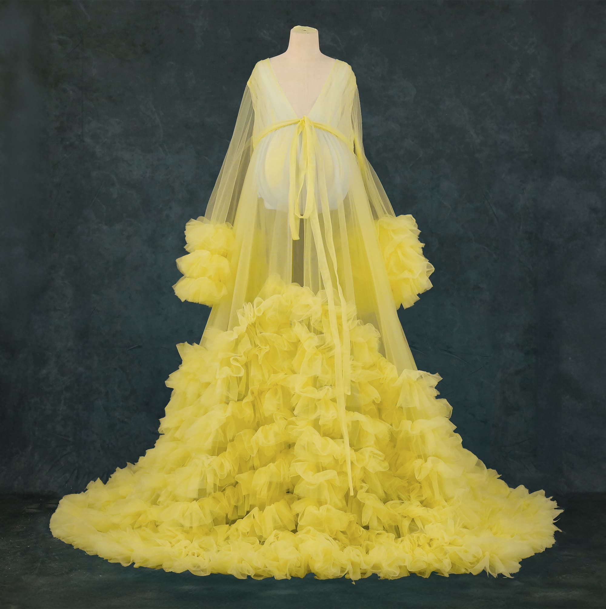 Kate Mesh V-neck Trailing Mid Sleeve Custom Maternity Photoshoot Gowns