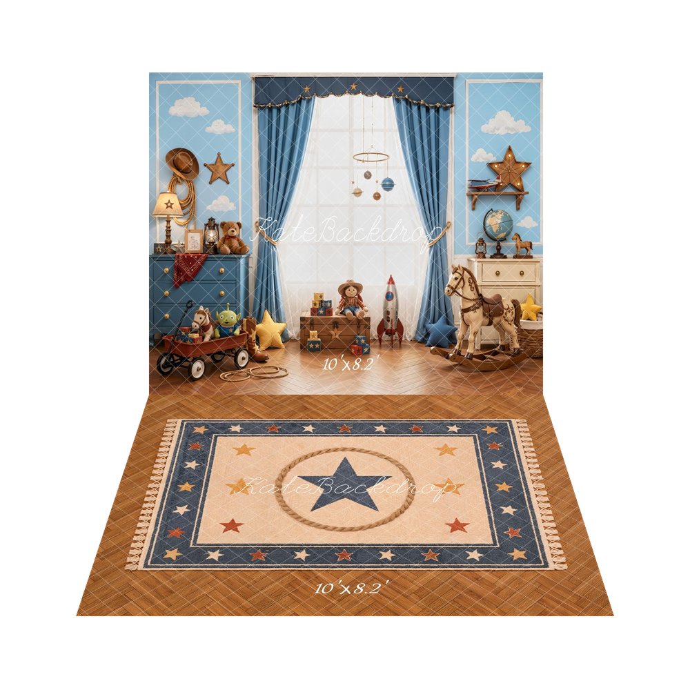 Kate Cowboy Kids Room Blue Curtains Rocket Toy Horse Stars Clouds Printed Backdrop+Star Rug Rope Woven Floor Printed Backdrop