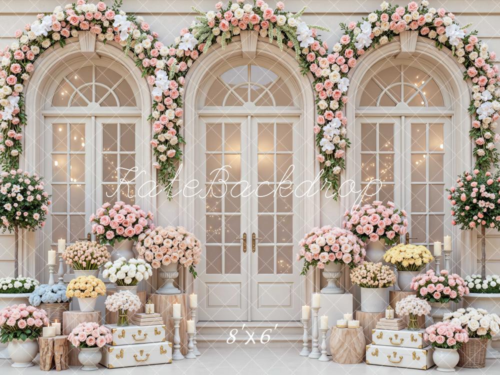 Kate Spring Wedding Flower Arch French Doors Backdrop Designed by Mini MakeBelieve