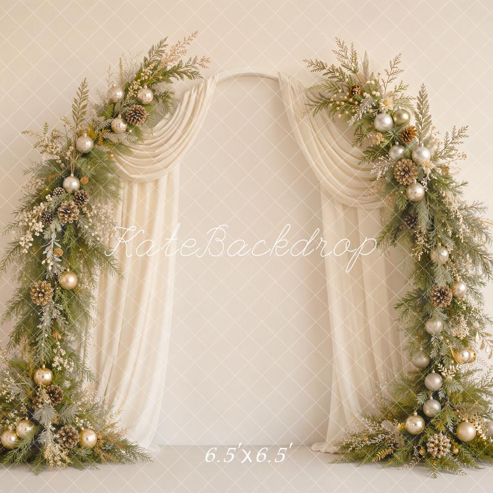 Kate Christmas Flower Arch Pine Cone Ornaments Cream Drapes Printed Backdrop Designed by Emetselch