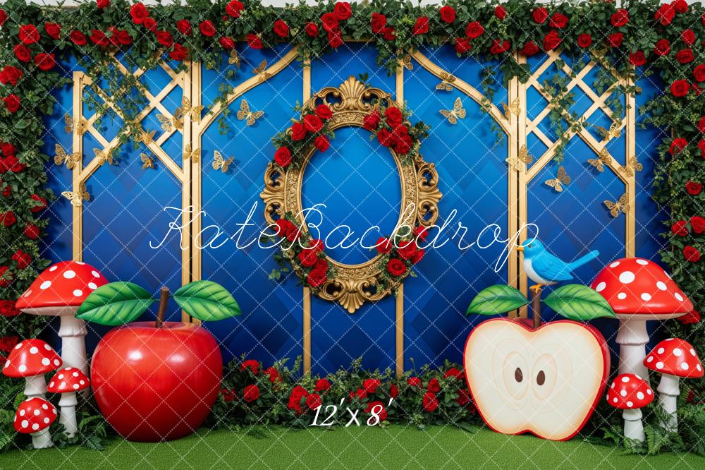 Kate Cake Smash Blue Lattice Red Roses Apples Mushrooms Gold Frame Backdrop Designed by Patty Roberts