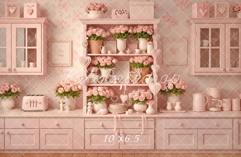 Kate Valentines Pink Kitchen Cabinet Roses Vases Heart Printed Backdrop Designed by Emetselch