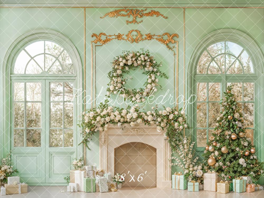 Kate Christmas Tree Floral Fireplace Green Window Backdrop Designed by Emetselch