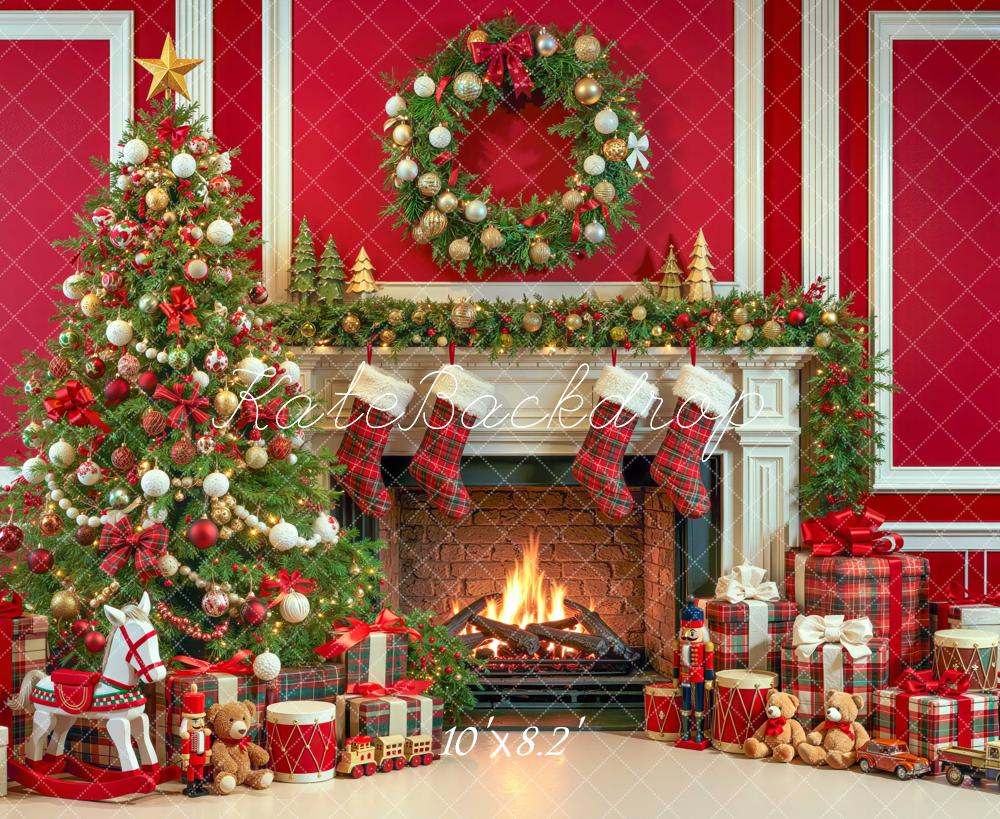 Kate Christmas Red Fireplace Christmas Tree Wreath Plaid Printed Backdrop Designed by Mini MakeBelieve