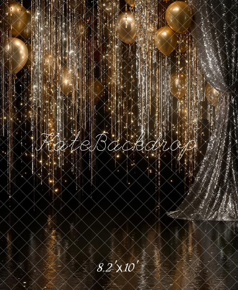 Kate New Year Gold Balloons Glittering Streamers Sequin Curtains Black Printed Backdrop Designed by Emetselch