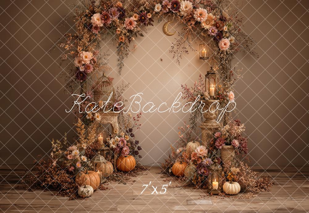 Kate Fall Floral Arch Pumpkins Lanterns Birdcage Printed Backdrop Designed by Jordan Moon