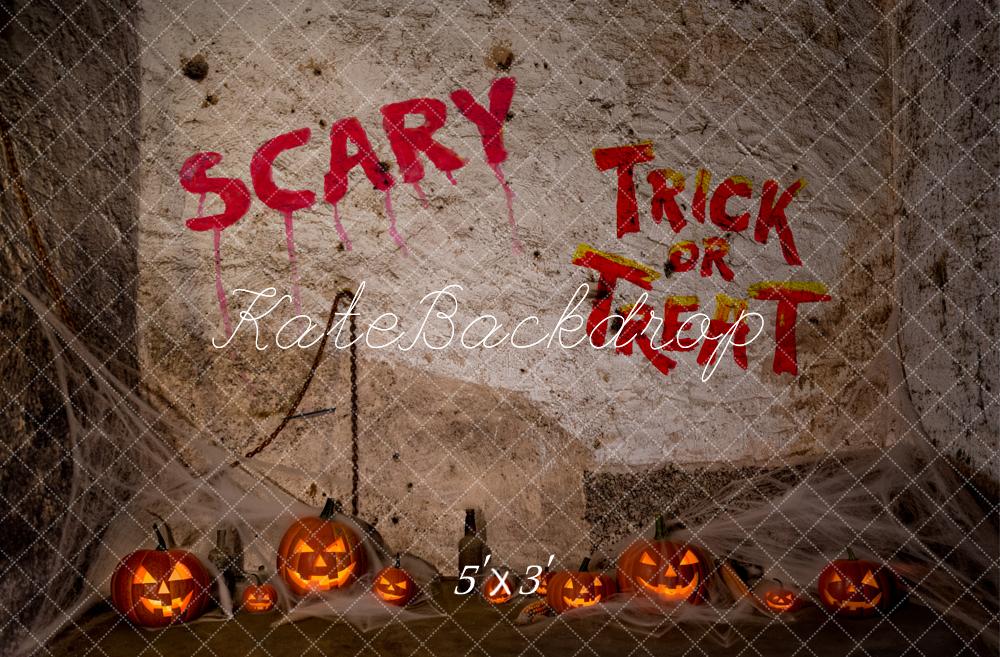 Kate Halloween Spooky Graffiti Wall Pumpkins Jack O Lantern Printed Backdrop Designed by Fantasyphotoart