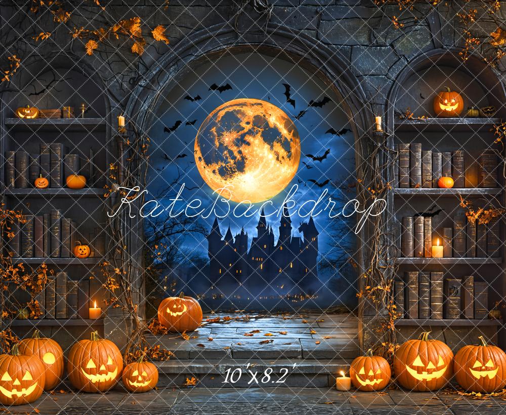 Kate Halloween Pumpkin Moon Vintage Bookshelf Backdrop Designed by Emetselch