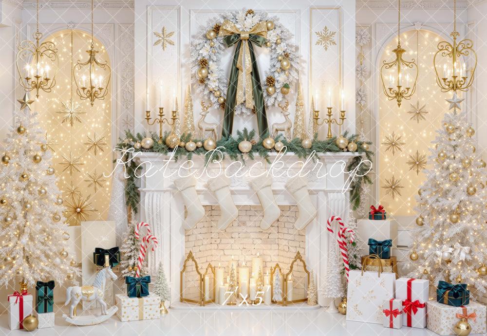 Kate Christmas White Gold Fireplace Wreath Trees Candlestick Printed Backdrop Designed by Mini MakeBelieve