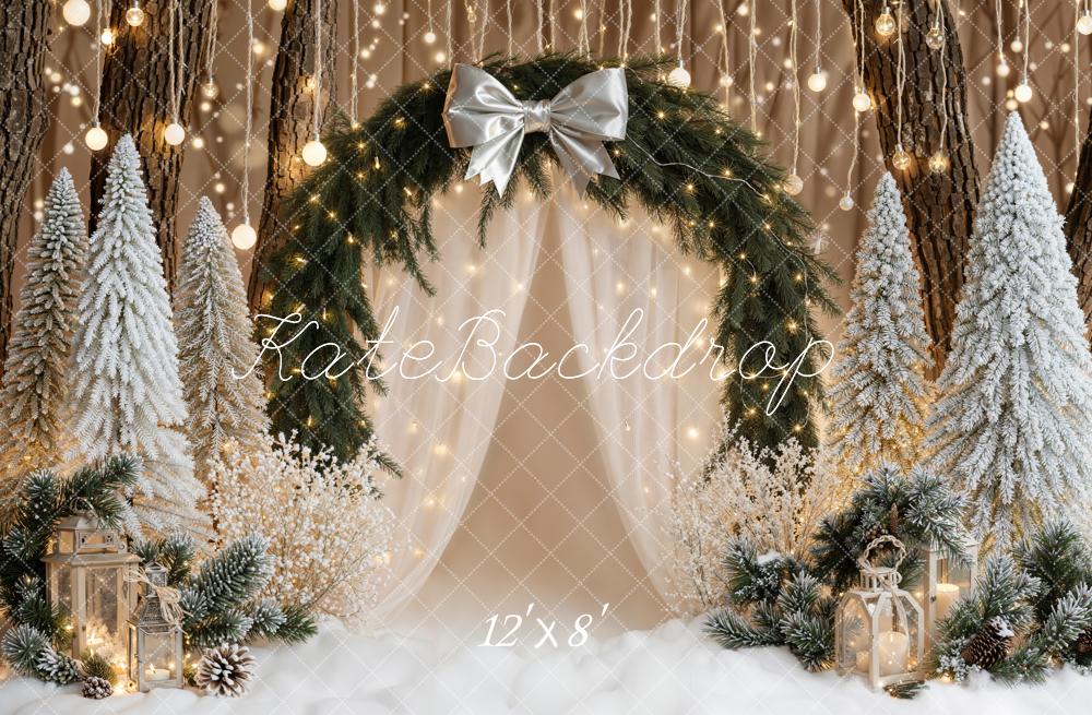 Kate Christmas Bow Arch Snowy Trees Lights Backdrop Designed by Emetselch