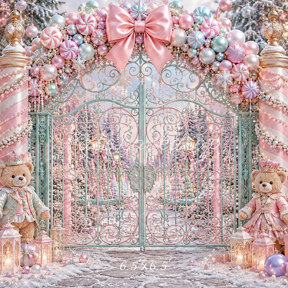Kate Christmas Pink Candy Cane Gate Teddy Bears Kids Printed Backdrop Designed by Ashley Paul