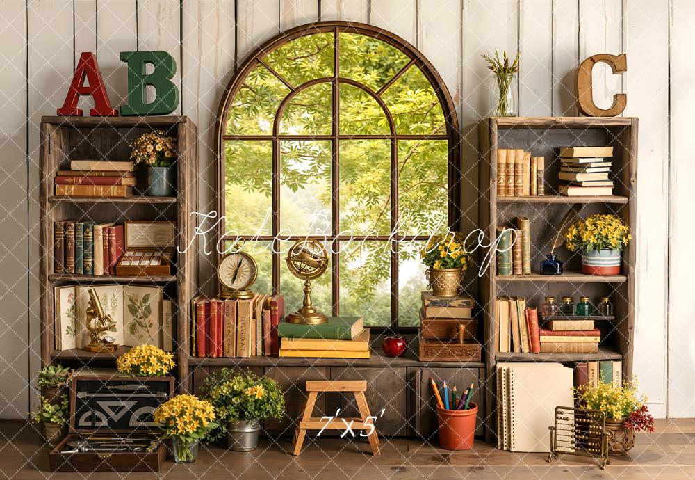 Kate Back to School Bookshelves Window Books Flowers Printed Backdrop Designed by Emetselch