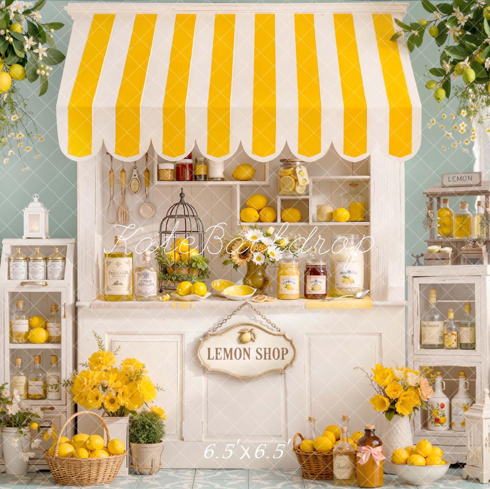 Kate Summer Lemon Shop Yellow Striped Awning Flowers Shelves Printed Backdrop Designed by Emetselch
