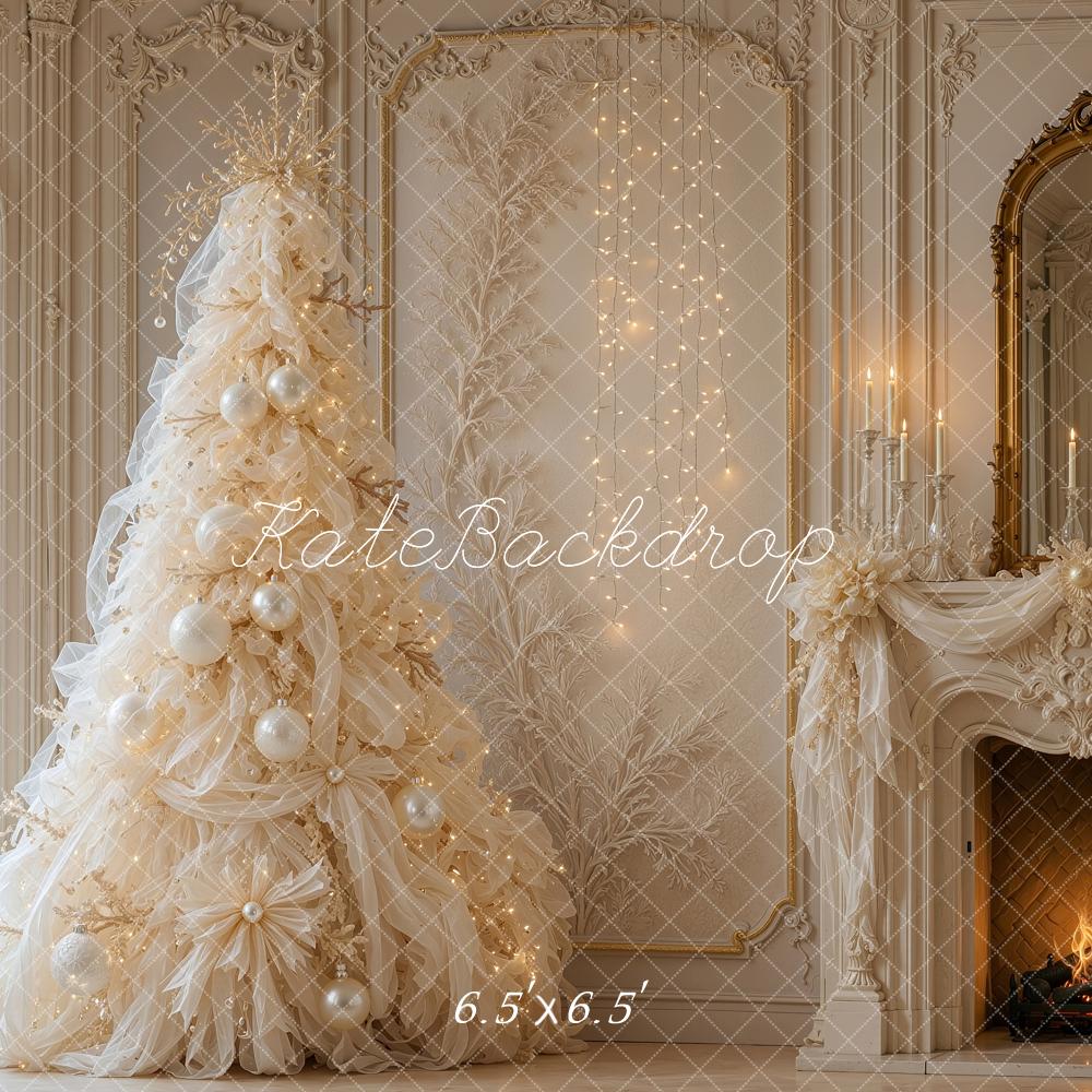 Kate Christmas Tree Luxury Ivory Tulle Fireplace Mirror Printed Backdrop Designed by Shutter Swan Studios