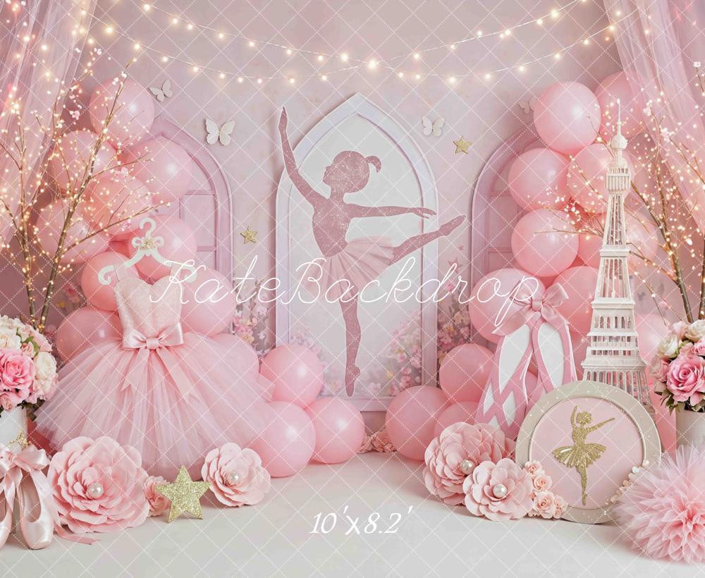 Kate Ballerina Pink Ballet Dress Eiffel Tower Flowers Balloons Printed Backdrop Designed by Mini MakeBelieve