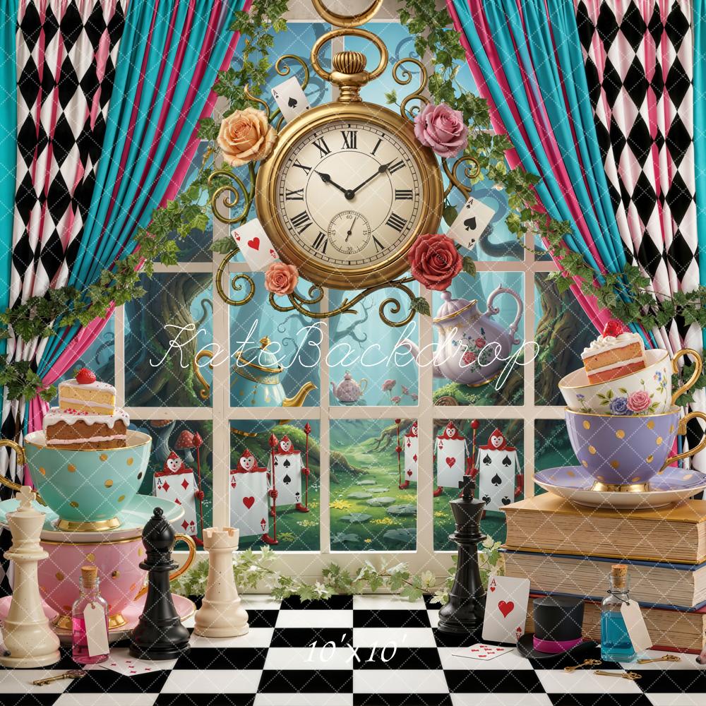 Kate Wonderland Tea Party Clock Chess Playing Cards Printed Backdrop Designed by Emetselch