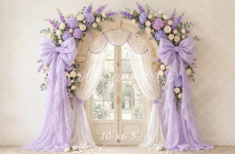 Kate Mother's Day Flower Arch Purple Bow Drapes Window Printed Backdrop Designed by Emetselch